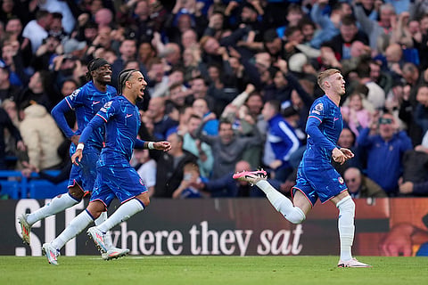 English Premier League 2024-25, Chelsea vs Brighton: Chelsea's Cole Palmer, right, celebrates after scoring his side's 3rd goal
