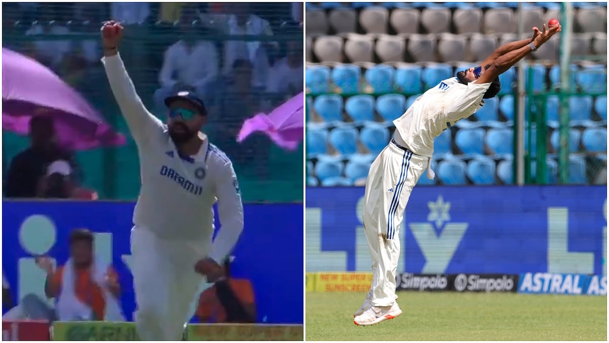Rohit Sharma and Mohammed Siraj taking their catches, - X/BCCI