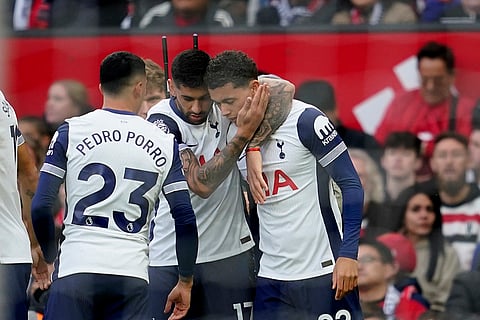 EPL 2024-25 Man United Vs Tottenham: Tottenham's Brennan Johnson, right, celebrates after scoring his side's opening goal