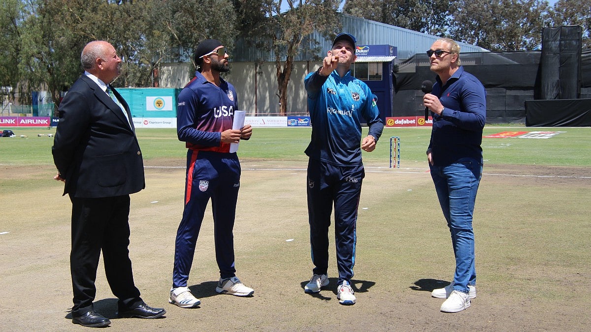 X/Official Cricket Namibia : Captains Jasdeep Singh and Gerhard Erasmus at the toss for the Namibia vs United States match in the Namibia T20I tri-series in Windhoek.