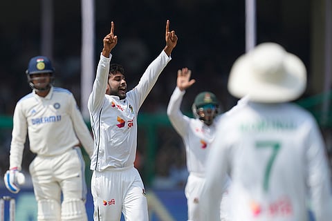 IND vs BAN, 2nd Test: Bangladesh's Mehidy Hasan Miraz, center, celebrate the wicket of India's Shubman Gill