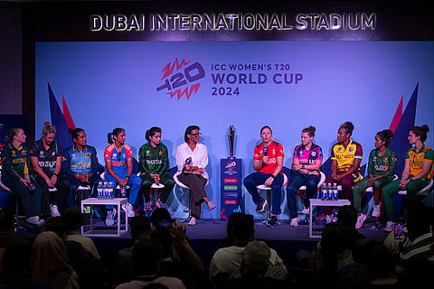 Women's T20 World Cup, Captains' Day: England captain Heather Knight, centre in red, speaks during a special panel session