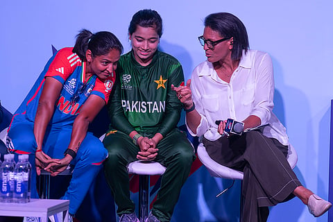 Women's T20 World Cup, Captains' Day: Former Australian cricketer Mel Jones, right, speaks to India captain Harmanpreet Kaur, left, and Pakistan captain Fatima Sana