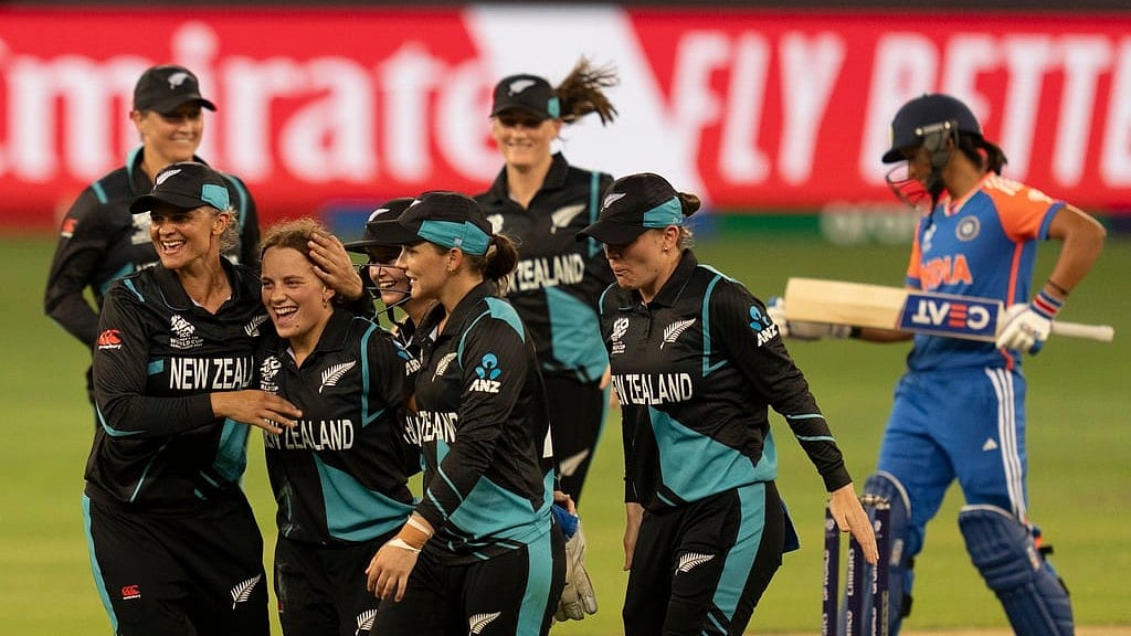 AP : New Zealand celebrate India captain Harmanpreet Kaur (right)'s wicket during their Women's T20 World Cup match in Dubai.