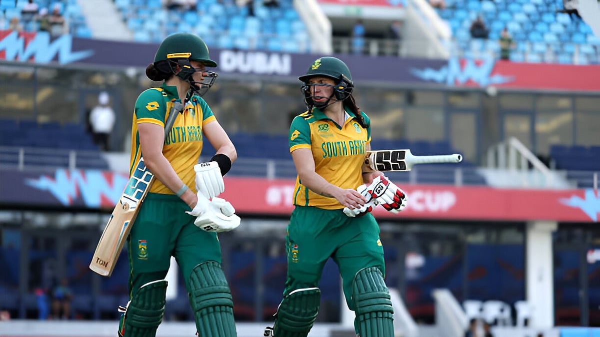 Photo: X | WomensCricCraze : South Africa women's openers coming out to bat against West Indies in the ICC Women's T20 World Cup 2024.
