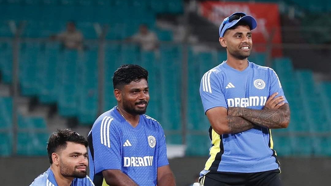 Photo: X | Cricket Chamber : Rinku Singh (L), Sanju Samson and Suryakumar Yadav during a practice session.