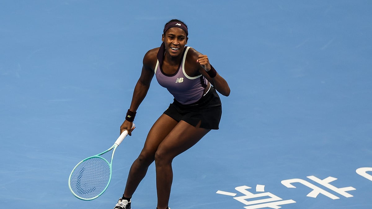 Coco Gauff celebrates after converting match point against Paula Badosa