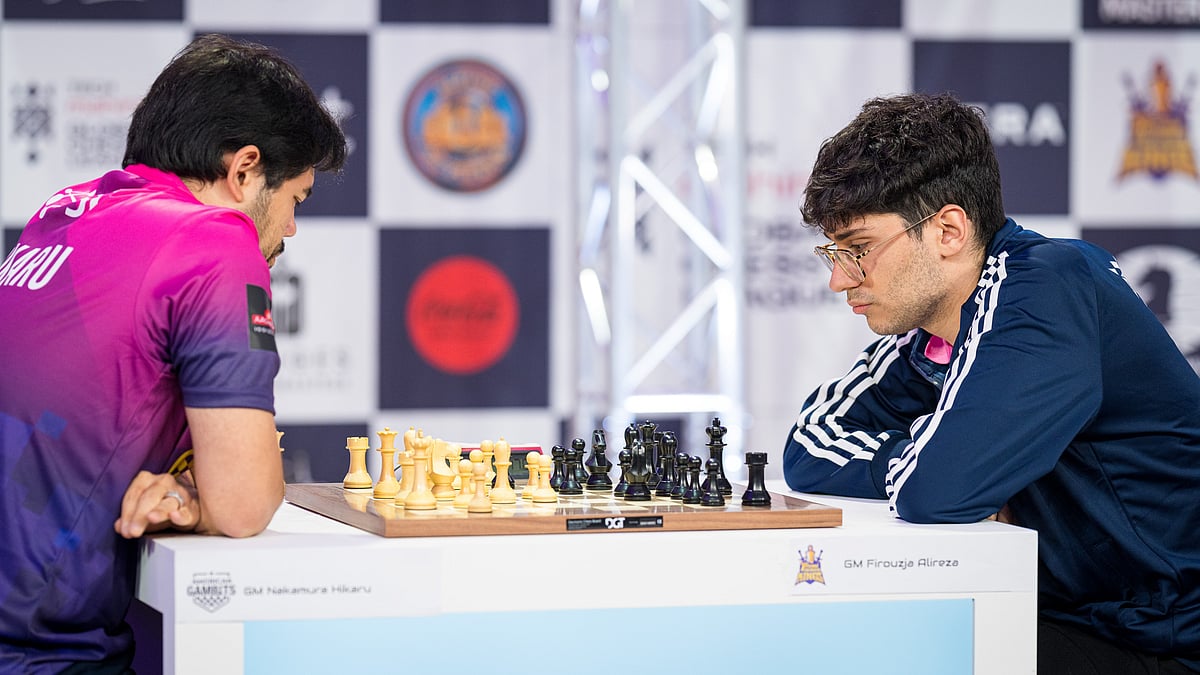Special Arrangement : Alireza Firouzja (right) in action against Hikaru Nakamura at the Global Chess League.
