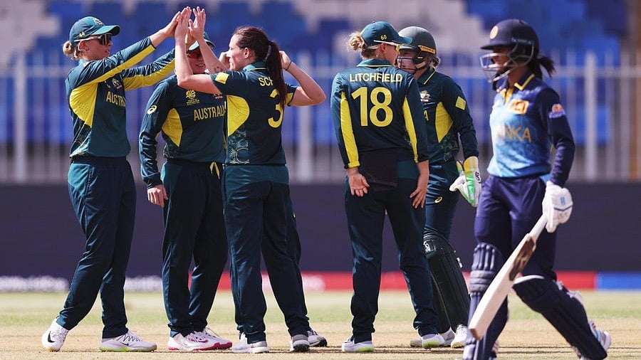 Australia celebrate a wicket against Sri Lanka in the ICC women's T20 World Cup - X | ICC