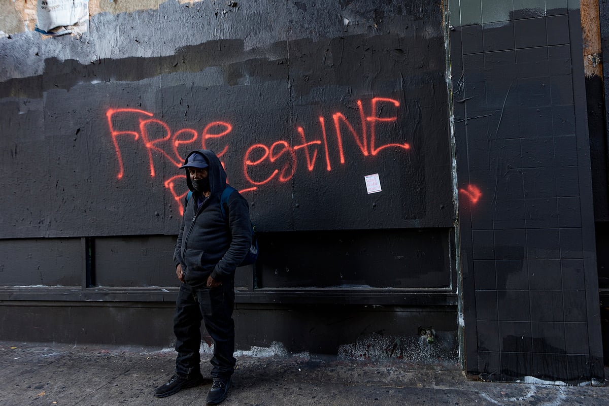 Free Palestine graffiti in downtown Los Angeles on Saturday, Oct. 5, 2024