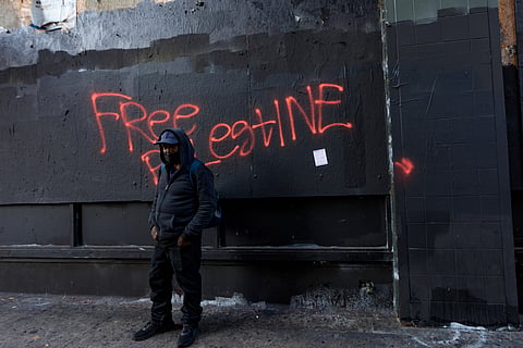 Fresh "Free Palestine" graffiti during a rally in support of the Palestinian people in downtown Los Angeles on Saturday, Oct. 5, 2024.