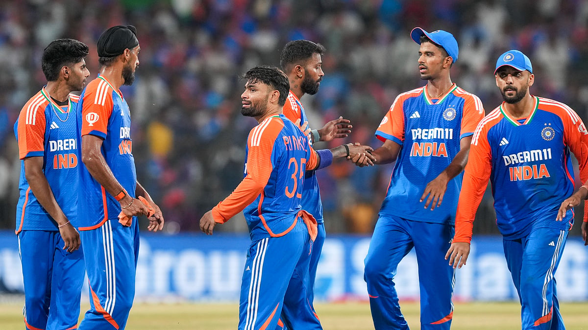 Indias Arshdeep Singh celebrates with teammates. PTI Photo