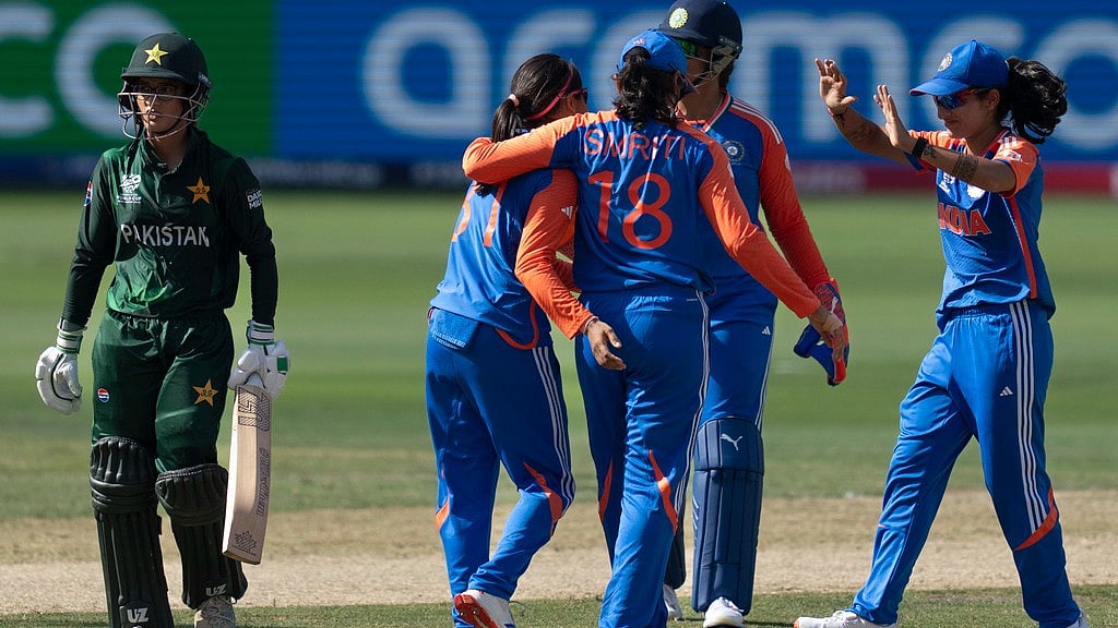 Indian players celebrate the wicket of Pakistan's Aliya Riaz, left, during the ICC Women's T20 World Cup 2024 match between Pakistan and India at Dubai International Stadium, United Arab Emirates. - AP