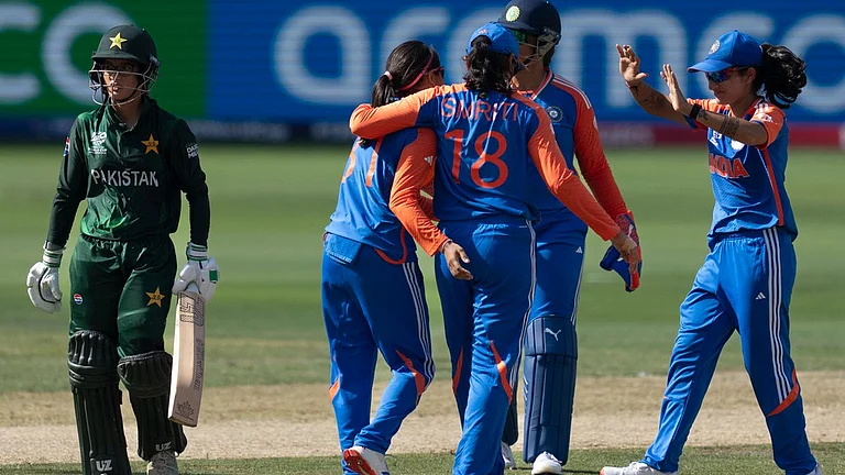 Indian players celebrate the wicket of Pakistan's Aliya Riaz, left, during the ICC Women's T20 World Cup 2024 match between Pakistan and India at Dubai International Stadium, United Arab Emirates. - AP