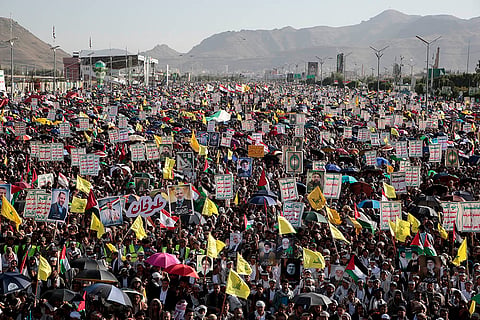 Mideast War Anniversary: Houthi supporters rally in Sanaa, Yemen