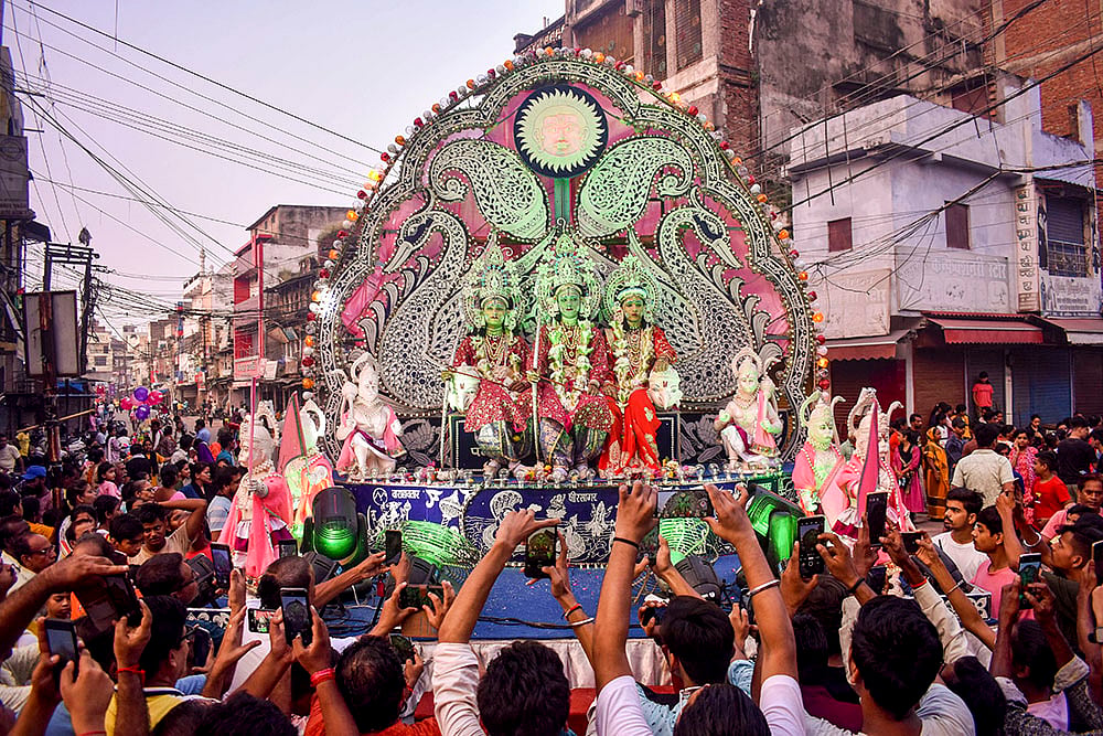 Ram, Lakshman and Sita during Dussehra procession in Prayagraj 