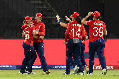 Women's T20 World Cup, ENG W vs RSA W: England players celebrate the wicket of South Africa's Tazmin Brits