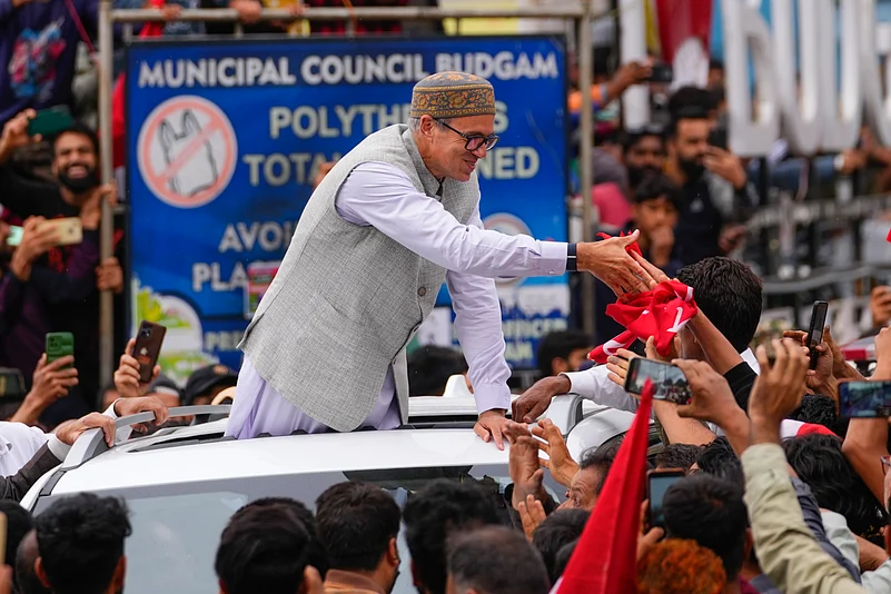 NC leader Omar Abdullah celebrates his victory in Budgam.