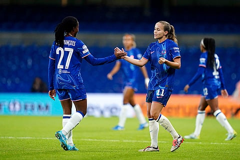 Women's Champions League: Chelsea's Oriane Jean-Francois and Guro Reiten celebrate after the match