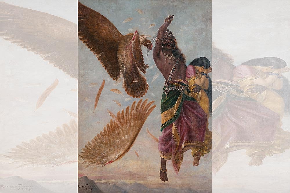 Artwork by Raja Ravi Varma: Sita horrified at the sight of Raavan slashing Jadayu’s wing
