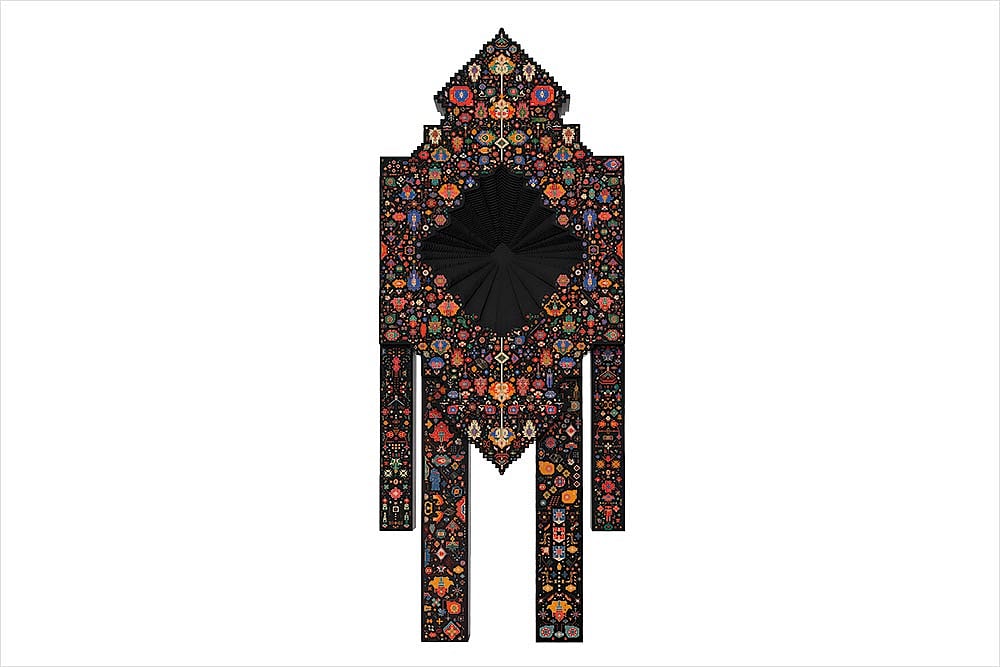 Image courtesy of Kumkum Fernando, Art curation courtesy of Urvi Kothari : Kumkum Fernando, This is Ravana the misunderstood, Monolith magnetic wooden sculpture that has over 1200 Persian motifs