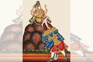 Photo: Getty Images : Lord and Disciple: Shiva watches as Raavan tries to lift Kailasa