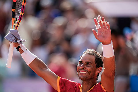 Rafael Nadal celebrates his victory over Marton Fucsovics at the 2024 Summer Olympics
