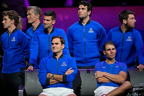 An emotional Roger Federer alongside his playing partner Rafael Nadal after their Laver Cup doubles match in London, Friday, Sept. 23, 2022