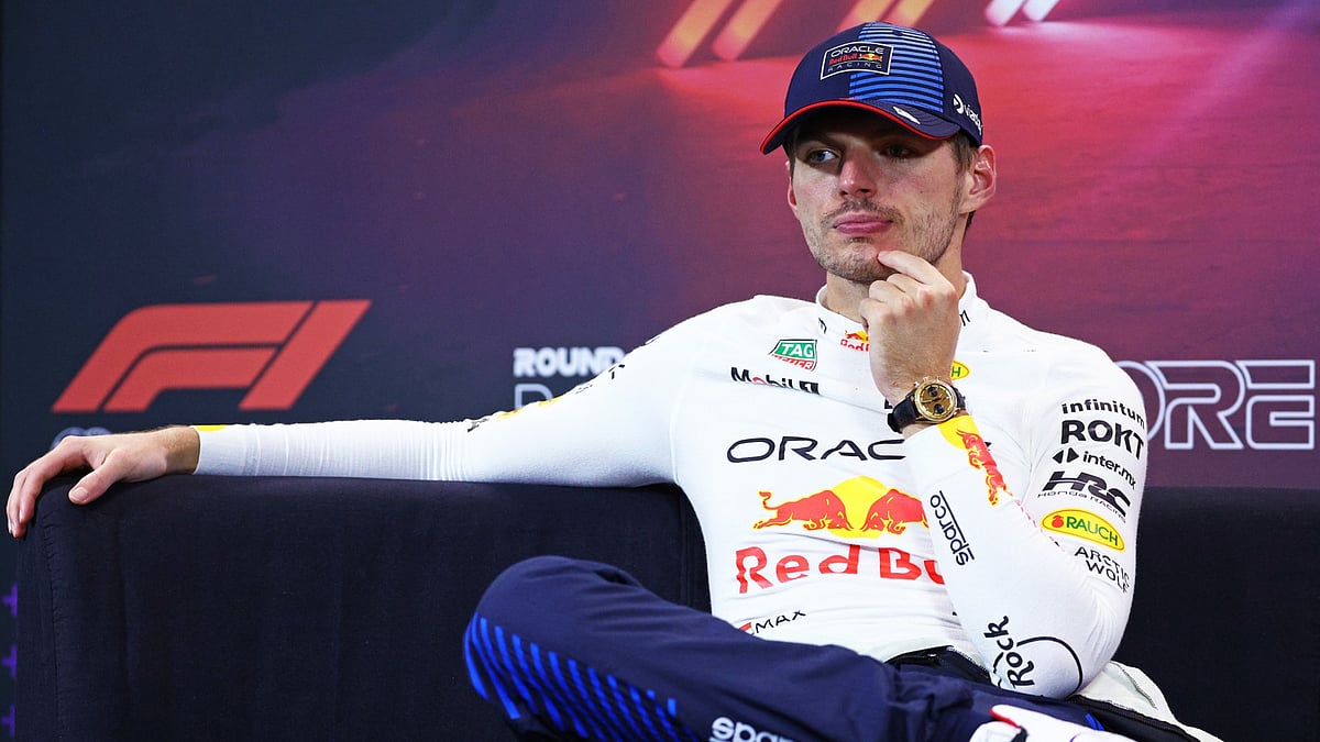 Max Verstappen during a news conference. - null