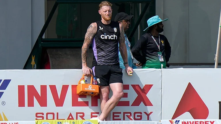 England's Ben Stokes watches from the sidelines. - Photo: AP/Anjum Naveed