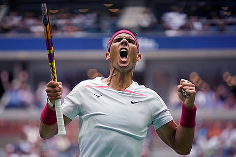 Rafael Nadal celebrates after winning a point against Frances Tiafoe during U.S. Open tennis in 2022