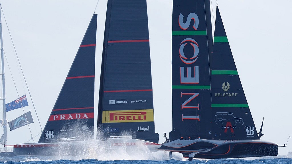 AP : INEOS Britannia, right, and Luna Rosa Prada Pirelli sailing teams compete during the Louis Vuitton Cup Final Day 7 at the Barcelona's coast.