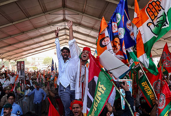 Getty Images : Supporters of Indian National Congress (INC) and Samajwadi Party attend an election rally in May 2024
