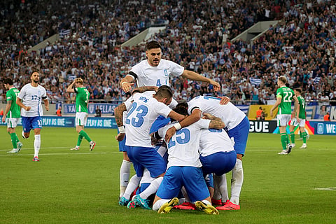 Nations League Soccer: Greece players celebrate after scoring the opening goal 