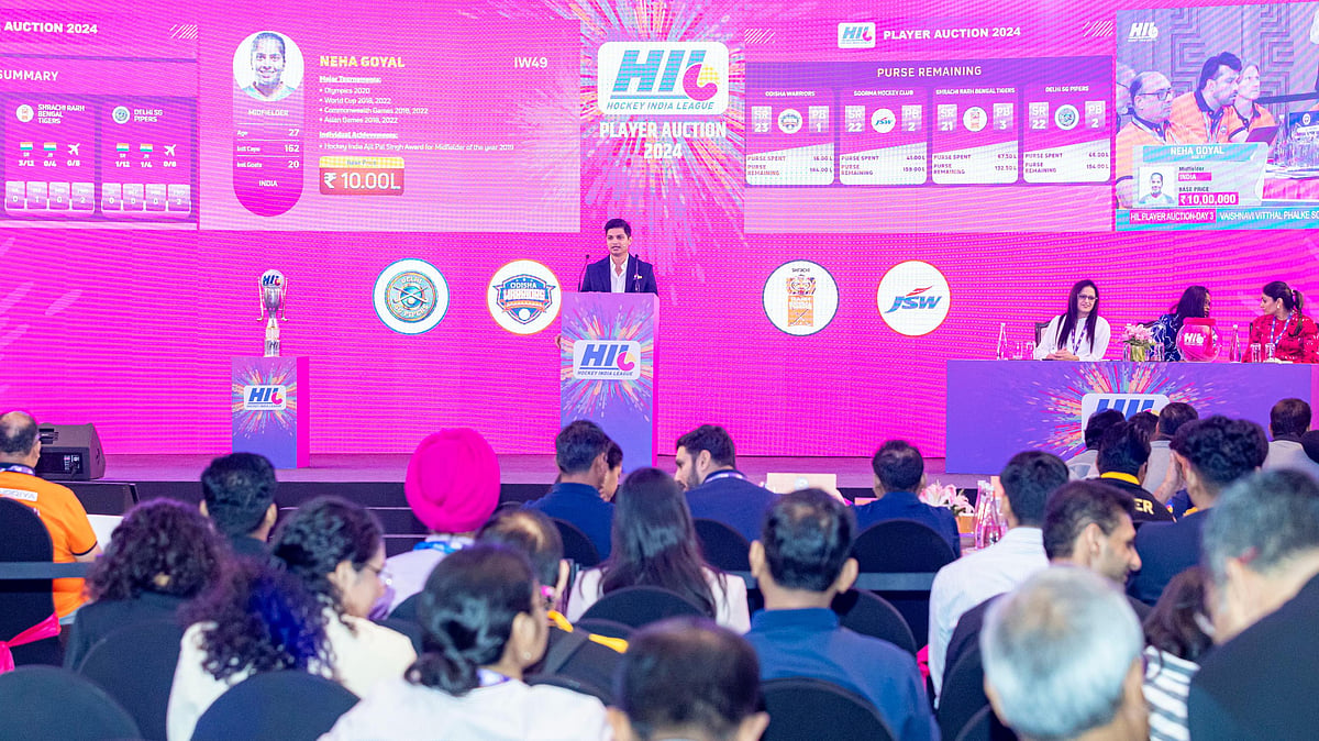 Special Arrangement : Action from Day 3 of the Hockey India League 2024-25 player auction in New Delhi.