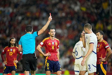 Nations League Soccer: Serbia's Strahinja Pavlovic, 2nd right is shown a red card