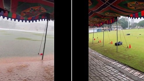 Screengrab : Screengrab showing the ground during the rain and its transformation after 12 hours of hard work.
