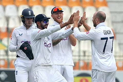 PAK Vs ENG 2nd Test: England's Jack Leach, right, celebrates wicket of Pakistan's Sajid Khan