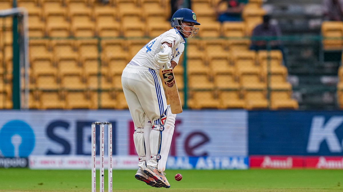 PTI Photo/Shailendra Bhojak : India's Yashasvi Jaiswal plays a shot during the second day of the first Test cricket match between India and New Zealand, at M Chinnaswamy Stadium, in Bengaluru.