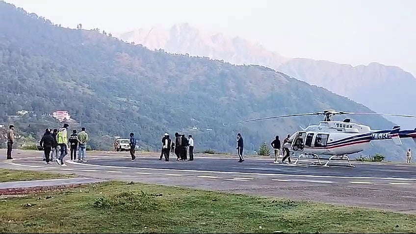 PTI : A helicopter with Chief Election Commissioner Rajiv Kumar on board makes an emergency landing, at Munsyari, in Pithoragarh district, Wednesday, Oct. 16, 2024. The chopper was on its way to Milam Glacier but had to land in Ralam village due to cloudy weather and low visibility