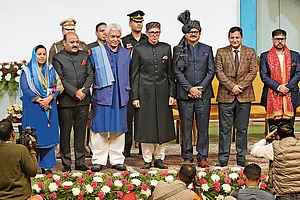 Photo: PTI : Ready for Action?: Omar Abdullah (fourth from left) at the swearing-in ceremony of the new J&K government in Srinagar on October 16, 2024