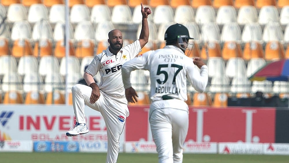 PAK Vs ENG 2nd Test: Pakistan's Sajid Khan celebrates after taking the wicket of England's Ollie Pope - | Photo: AP/K.M. Chaudary