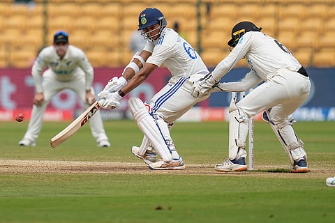 IND Vs NZ 1st Test: India's Yashasvi Jaiswal plays a shot 