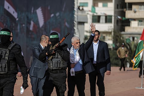 Yahya Sinwar (C)  greets people during an event marking the 35th anniversary of the establishment of Hamas in Gaza City, Gaza on December 14, 2022 |
