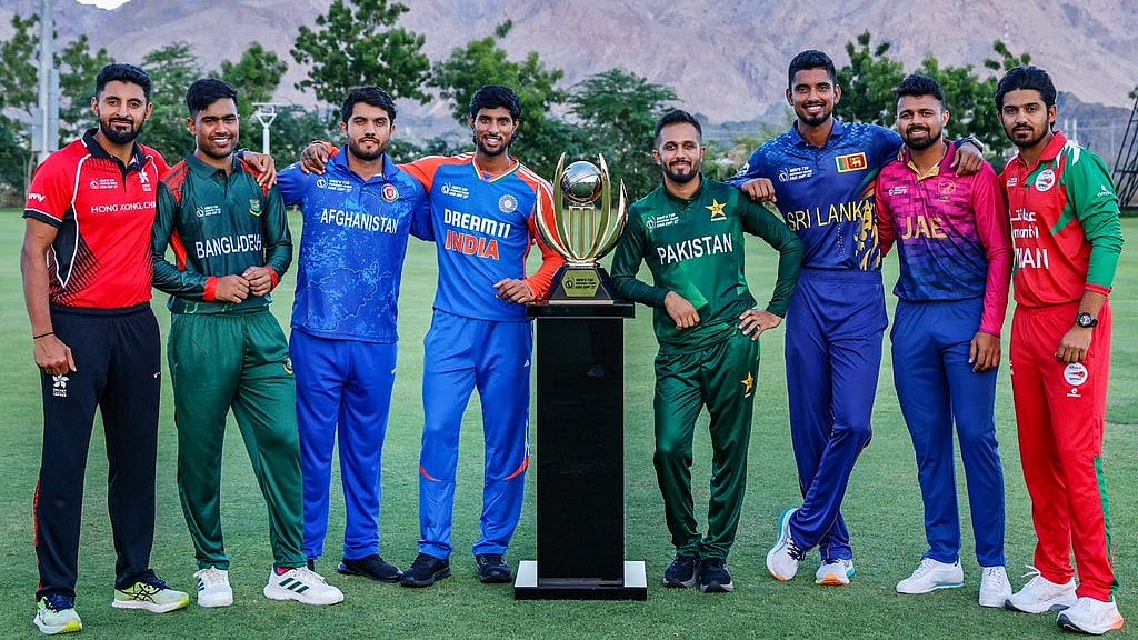 ACC : The captains posing the ACC Men's T20 Emerging Teams Asia Cup 2024 Trophy.