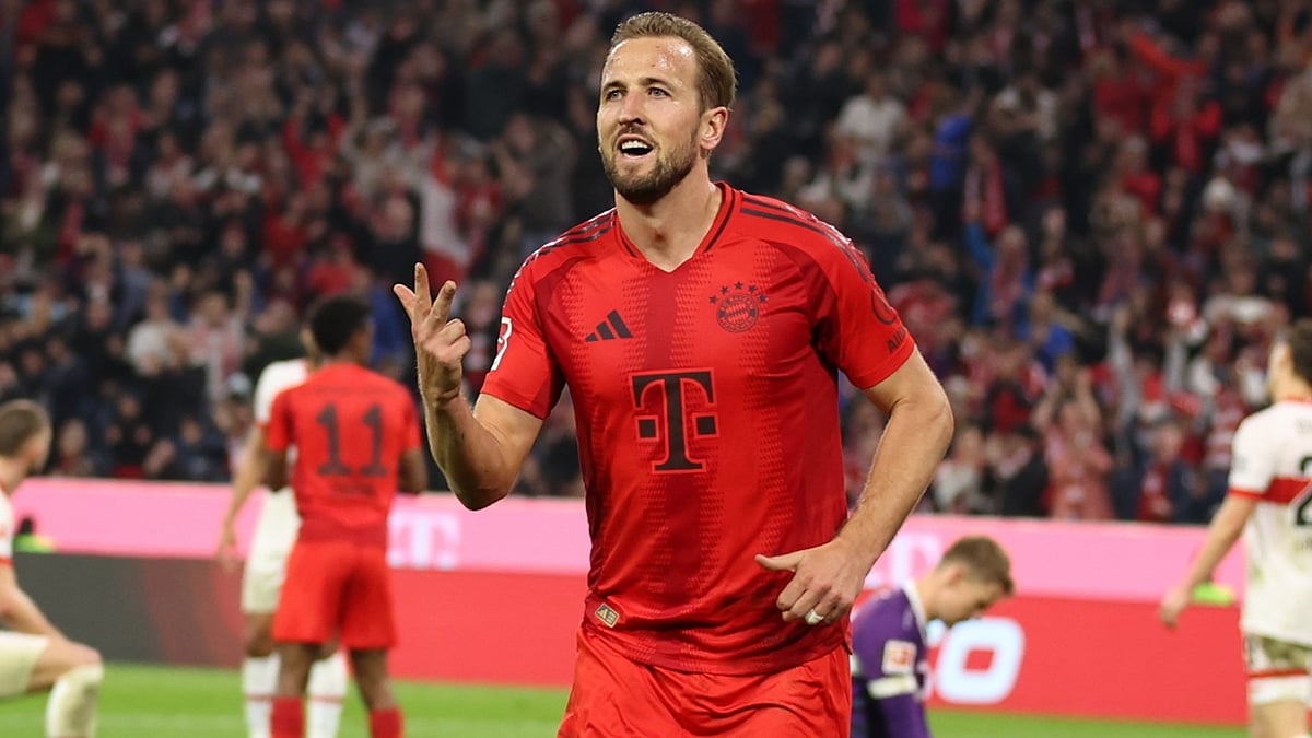 Harry Kane celebrates his hat-trick for Bayern Munich against Stuttgart.
