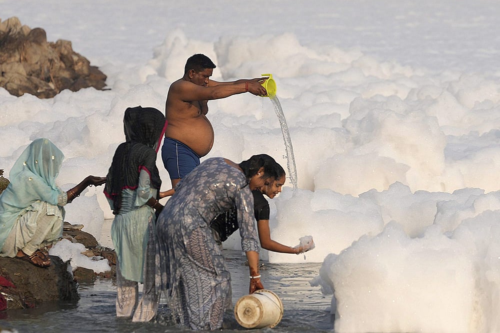 Yamuna river pollution: Toxic foam floats on the surface of the Yamuna river, in New Delhi_5