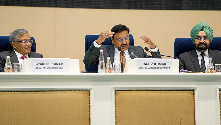 Chief Election Commissioner Rajiv Kumar with Election Commissioners Gyanesh Kumar and Sukhbir Singh Sandhu during a press conference on Tuesday. - PTI