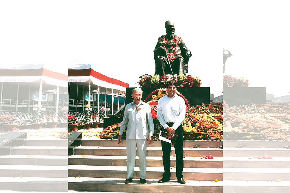 Photo: Ratan Tata Instagram : A United Front J.R.D. Tata (left) and Ratan Tata (right) next to Jamsetji 
Tata’s statue