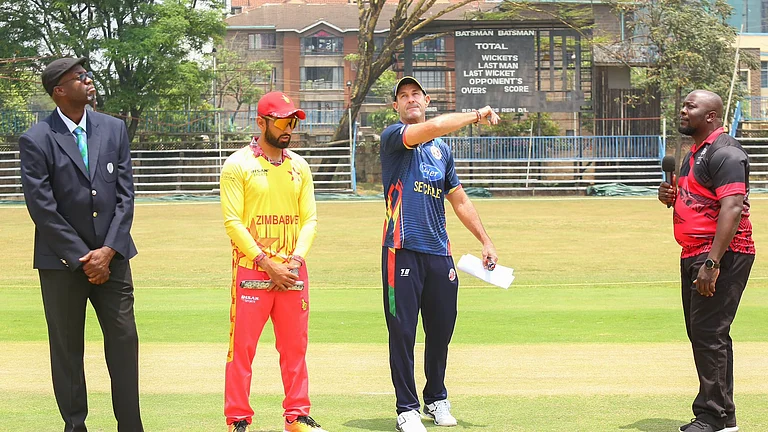 Zimbabwe skipper Sikandar Raza and Seychelles captain during the toss. - Photo: X | ICC Africa
